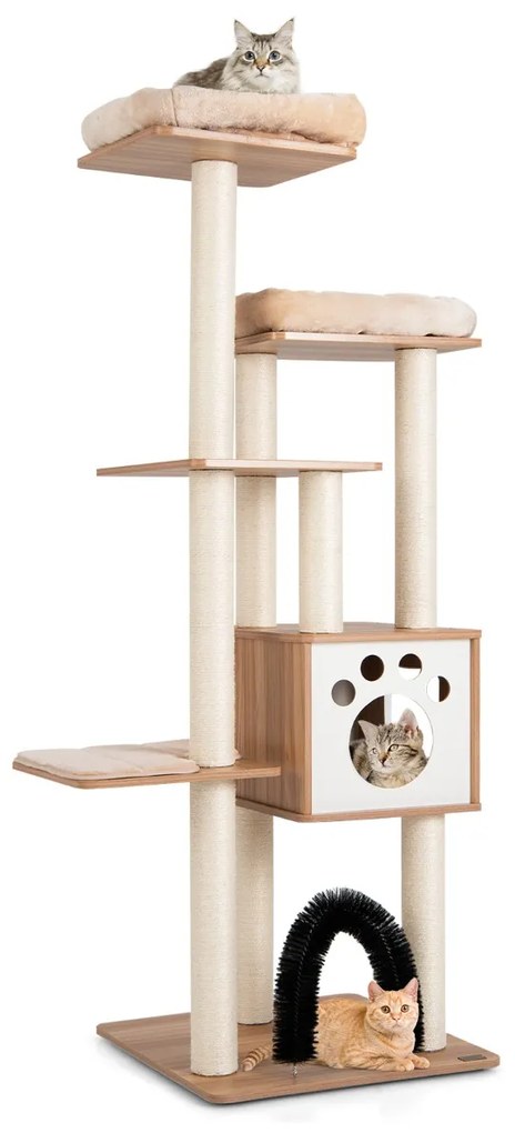 Costway Albero tiragraffi per gatti con 2 trespoli in tessuto felpato arco massaggiante, Albero per gatti alto Beige