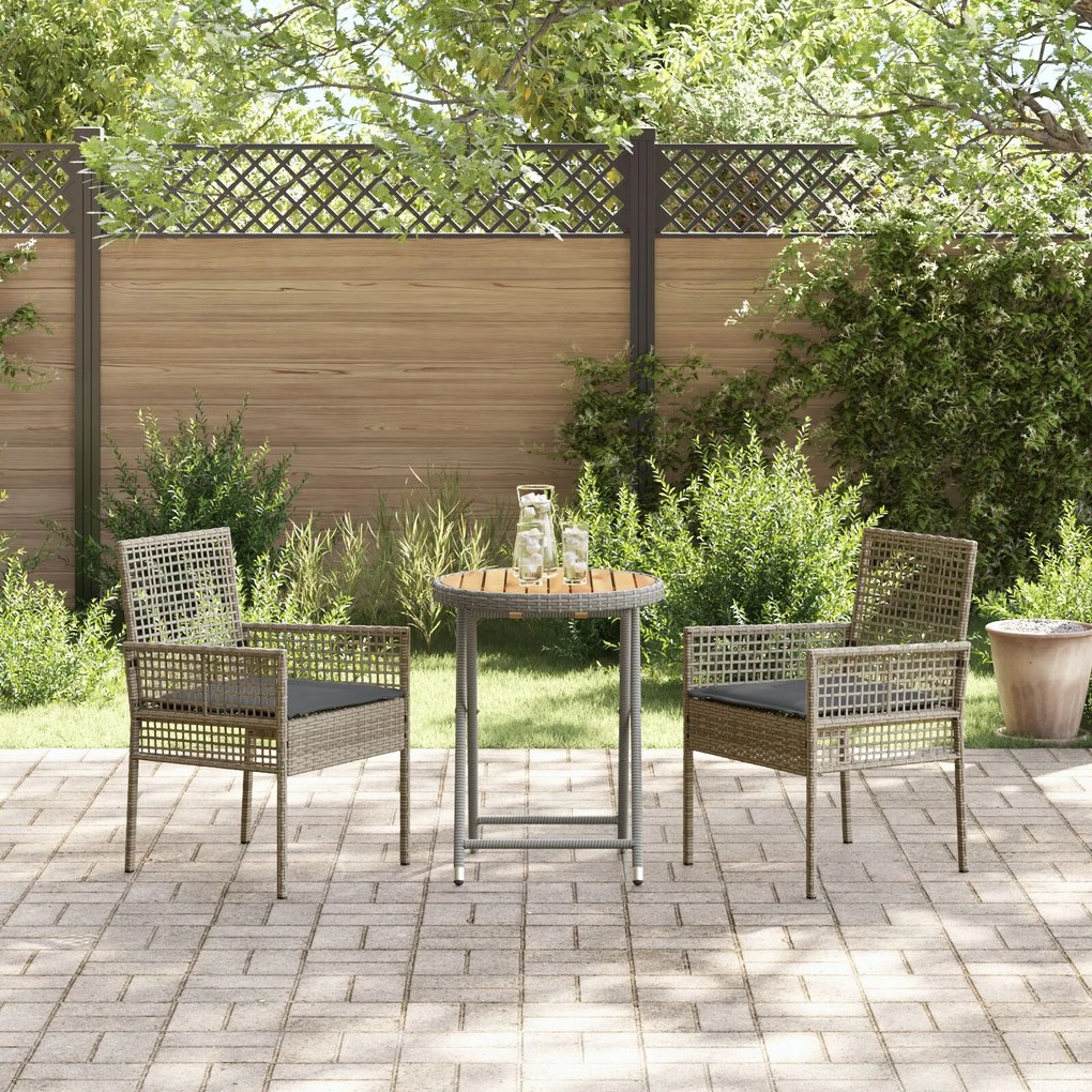 Set bistro da giardino a 3 pezzi con cuscini grigio in rattan sintetico