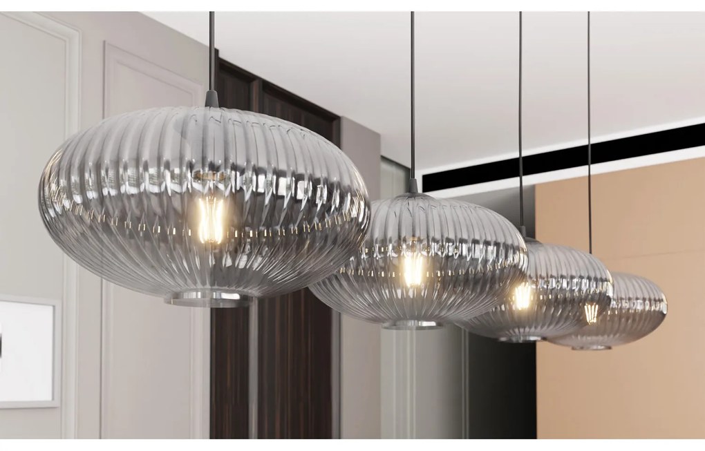 Lampadario 4 Luci Iris In Acciaio Nero Paralume Plissettato Fumè