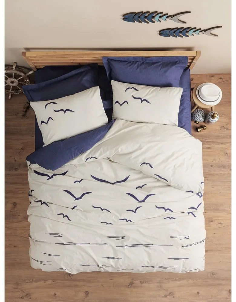 Set copripiumino e federa blu/color crema in cotone renforcé per letto singolo 140x200 cm Larum – Mijolnir