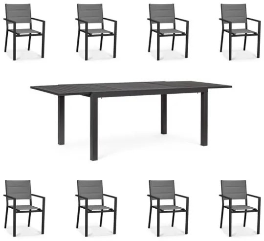 Set Da Pranzo Per Esterni Tavolo In Alluminio Allungabile 90x160-240 Cm + 8 Sedie Antracite