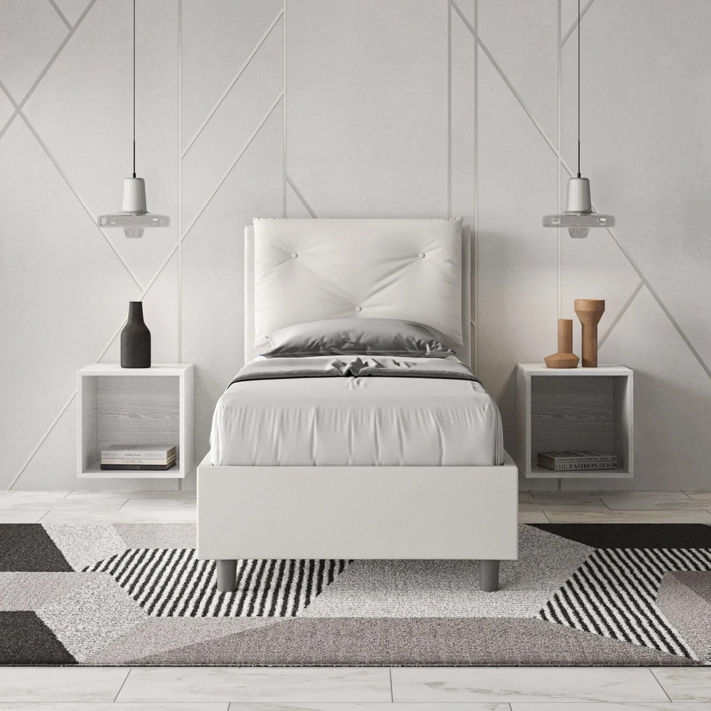 Letto singolo imbottito similpelle Appia senza rete, con rete e contenitore, Bianco / Con Rete