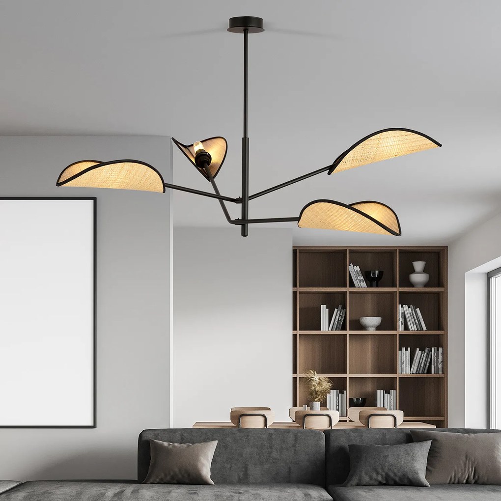 Lampadario 4 Luci Eridano In Acciao Nero E Rattan Con Bracci Mobili