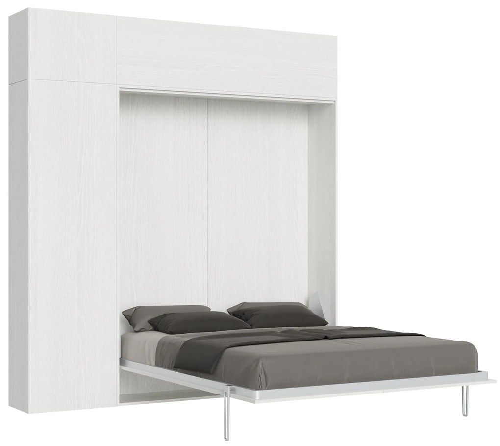 Letto matrimoniale a scomparsa 160 verticale Kentaro con colonna e pensili, Bianco Frassino / Colonna e Pensili