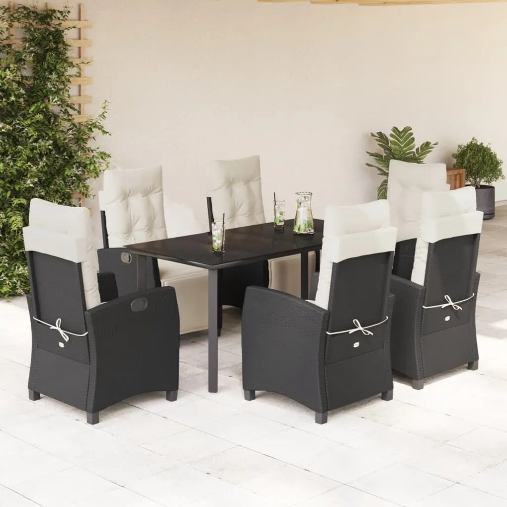 Set da pranzo da giardino 7 pz nero con cuscini in polyrattan