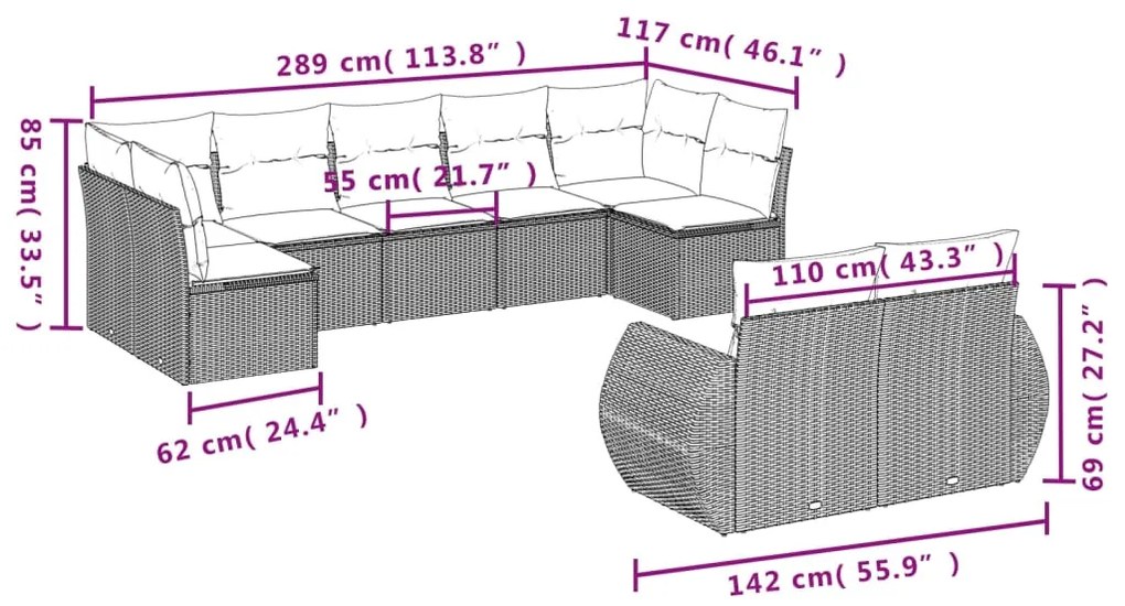 Set Divano da Giardino 9 pz con Cuscini Beige in Polyrattan