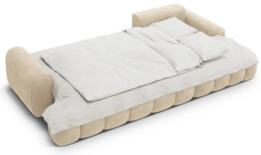 Divano angolare beige allungabile/con contenitore (con penisola a destra/con chaise lounge) con rivestimento in velluto Linz – Cosmopolitan Design