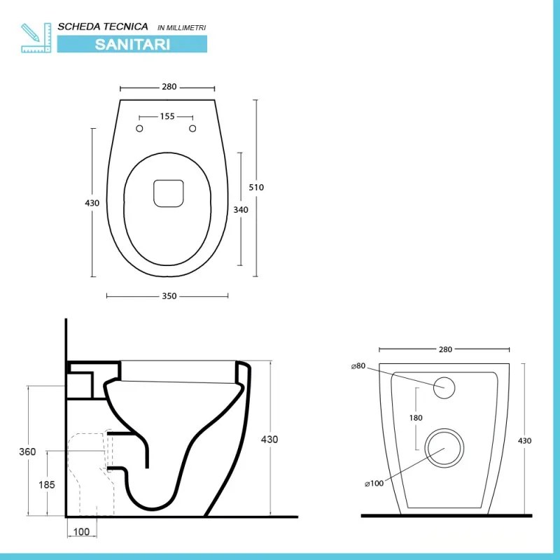 Water singolo filomuro Nido con scarico senza brida e copriwater soft close