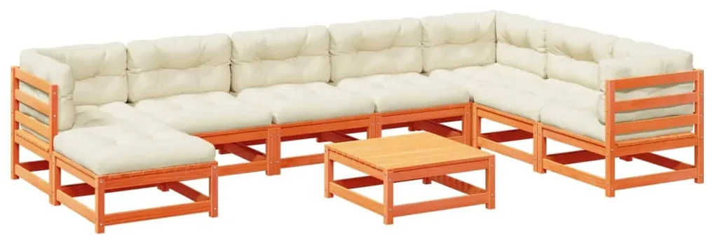 Set divani giardino 9 pz con cuscini marrone cera massello pino