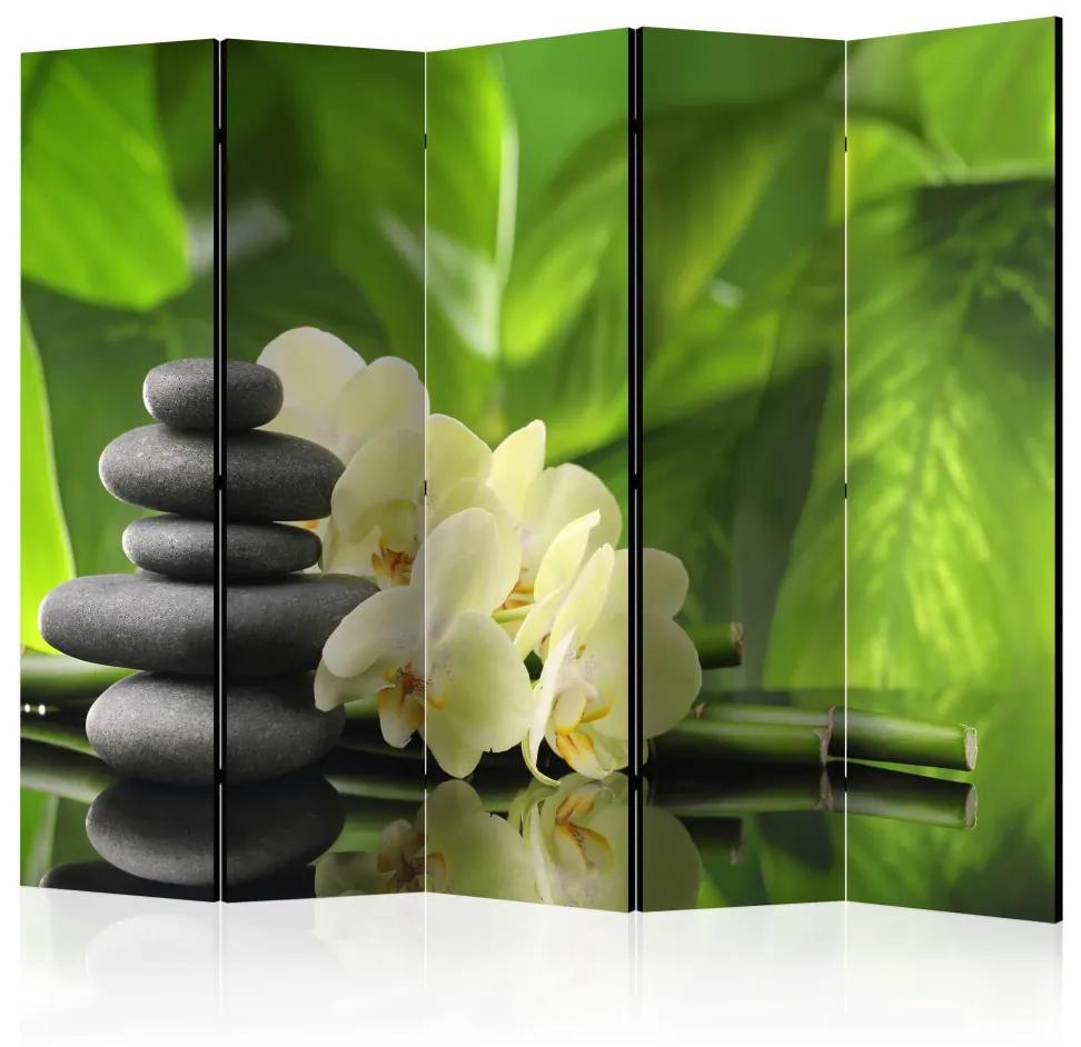 Paravento Giardino Spa II - pietre in stile Zen e orchidee su sfondo naturale