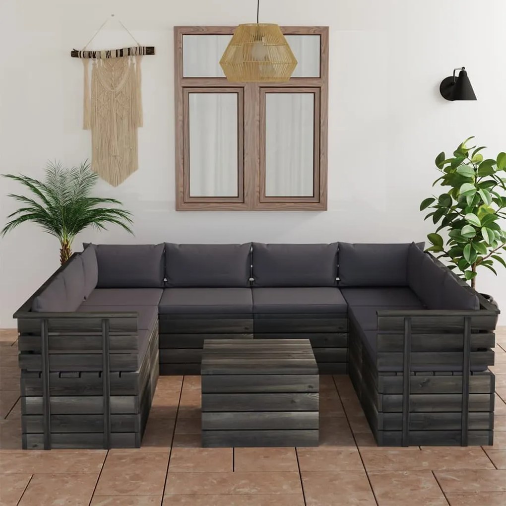 Set divani da giardino su pallet 9 pz con cuscini massello pino