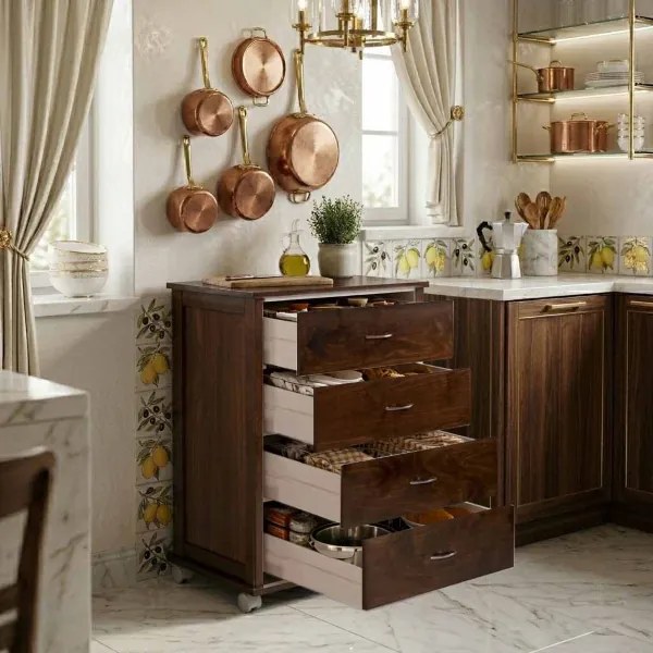 Cassettiera con ruote ICON 58X83h cm in Legno di Faggio a 4 Cassetti Noce