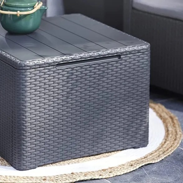 Salotto Per Esterni Rattan Divano Due Poltrone Cuscini E Tavolino Contenitore Claire Graphite Keter