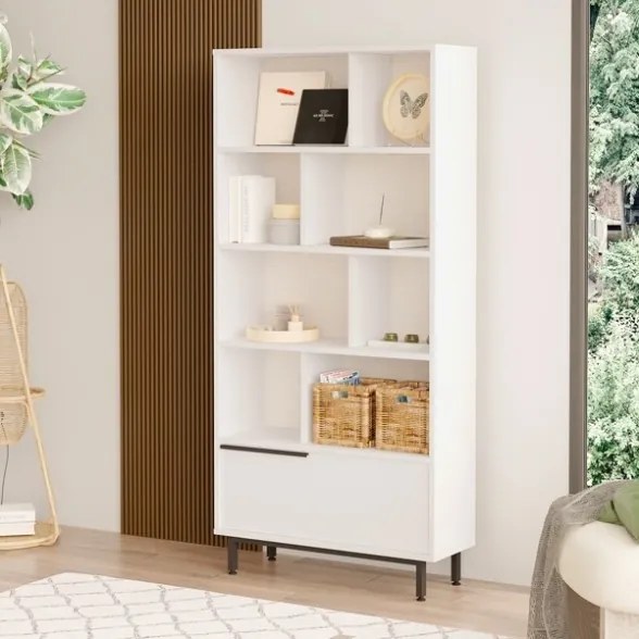 Libreria Moderna Con Vani A Giorno Ed Anta Frontale 84x30x175 Ocean Bianca