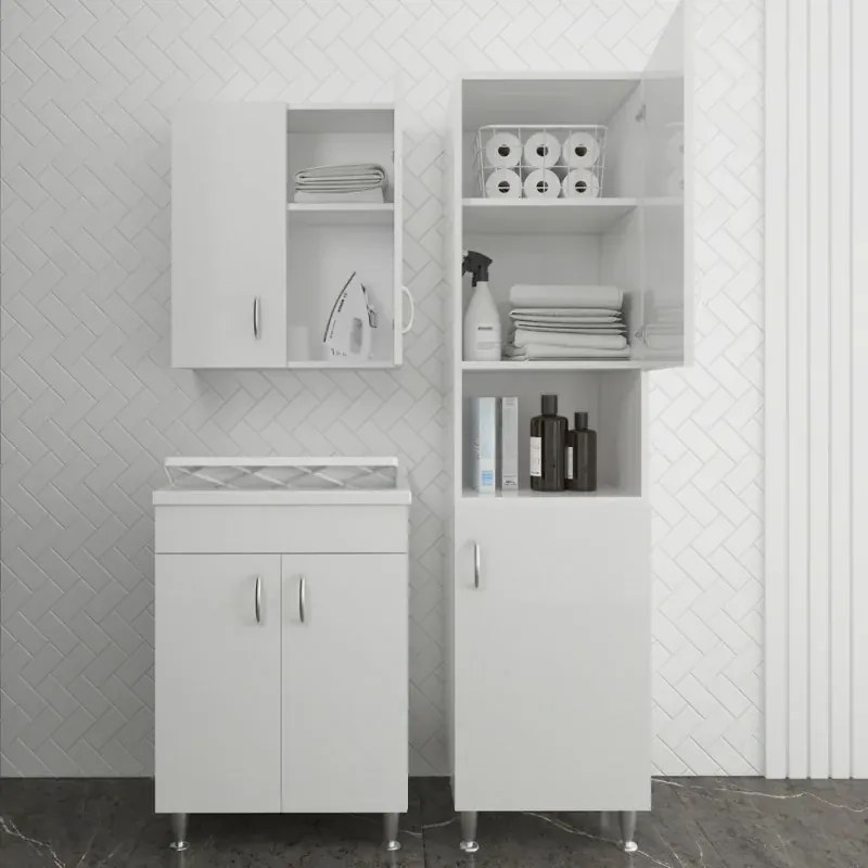 Set da 60 cm con lavatoio colonna e pensile in legno nobilitato bianco Fedra