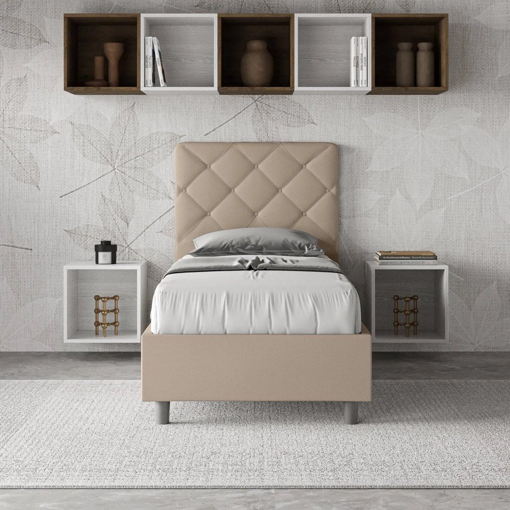 Letto singolo imbottito similpelle Priya con e senza rete e contenitore 80x200, Tortora / Contenitore