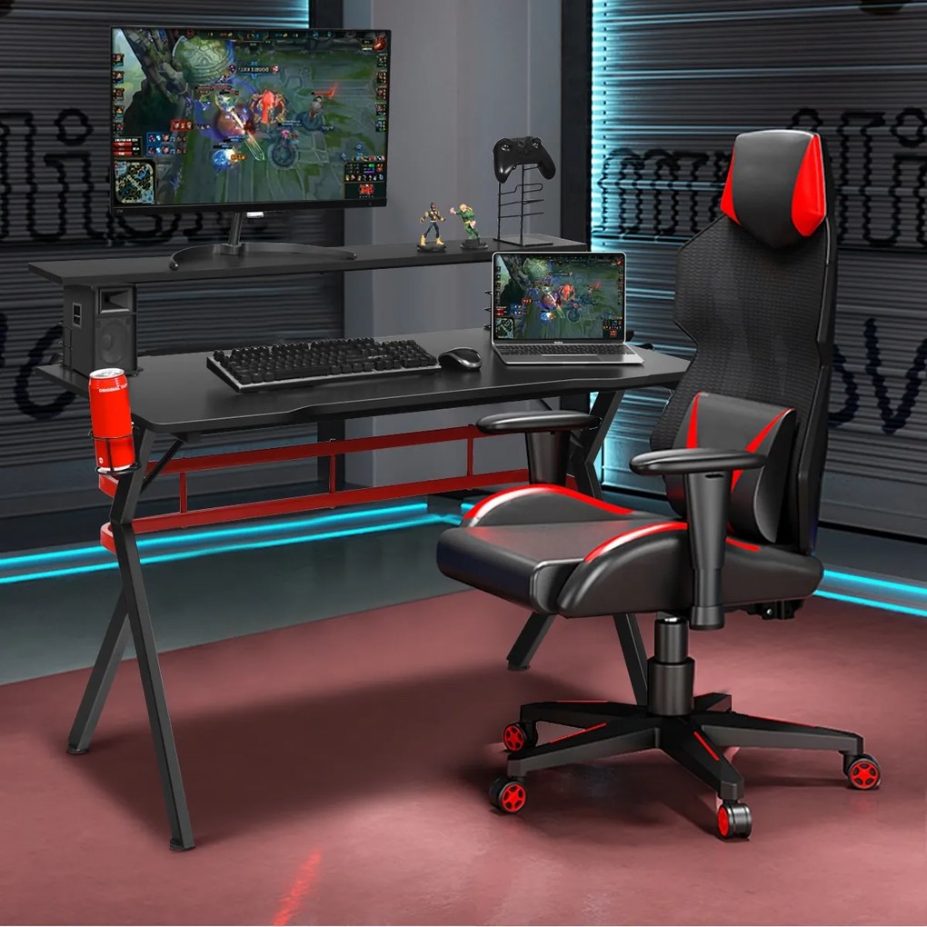 Costway Scrivania da gaming con porta bicchiere gancio per cuffie e mensola, Postazione da gaming professionale per casa e ufficio
