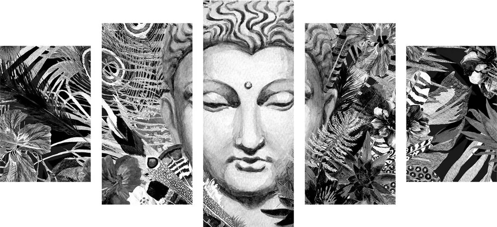 Quadri 5 pezzi – Buddha su sfondo esotico in bianco e nero
