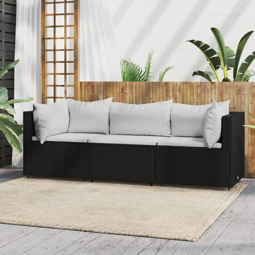 Set divani da giardino 3 pz con cuscini nero in polyrattan