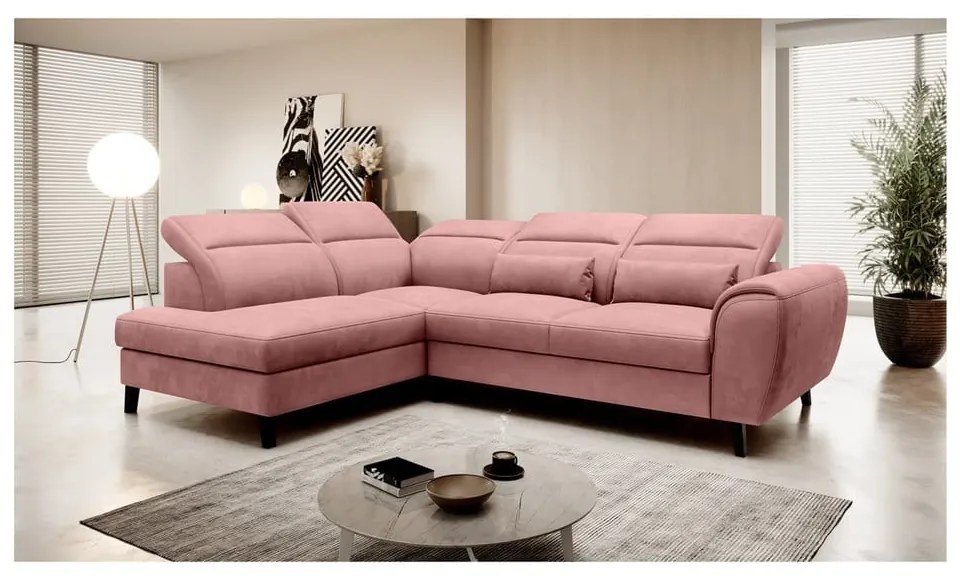 Divano angolare rosa allungabile/con contenitore (con penisola a sinistra/a L) e rivestimento in velluto Noble – ELTAP