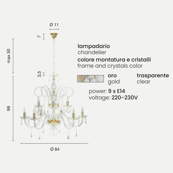 Lampadario a sospensione in cristallo D84 cm MARIATERESA intrecciato 9 luci