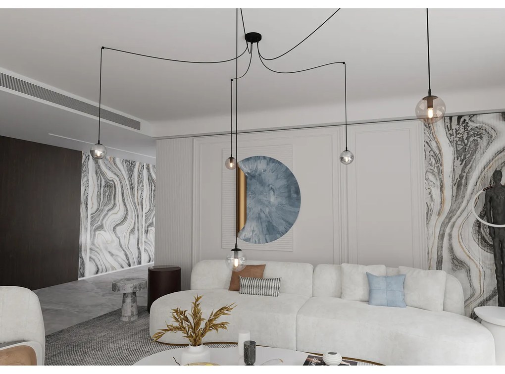 Lampadario 5 Luci Ginevra In Acciaio Nero Con Cavo Lungo E Vetri Multicolor