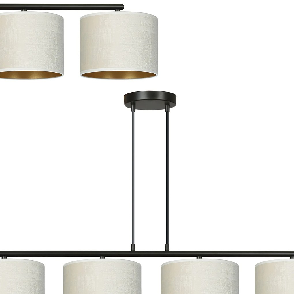 Lampadario 4 Luci Ganesha In Acciaio Nero E Paralumi In Tessuto Beige