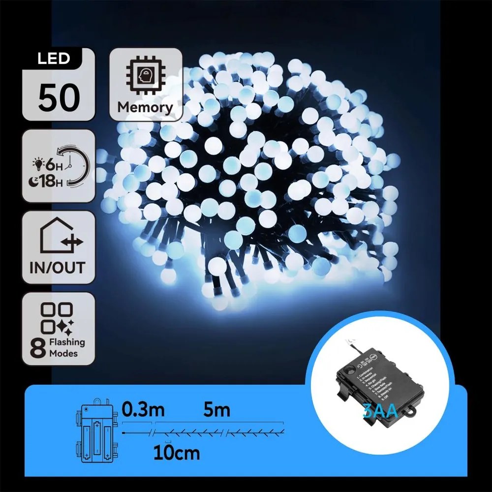 Aigostar - Catena luminosa LED per esterni, 50 LED/8 funzioni, 3x batterie AA, 5,3 m, IP44, bianco freddo