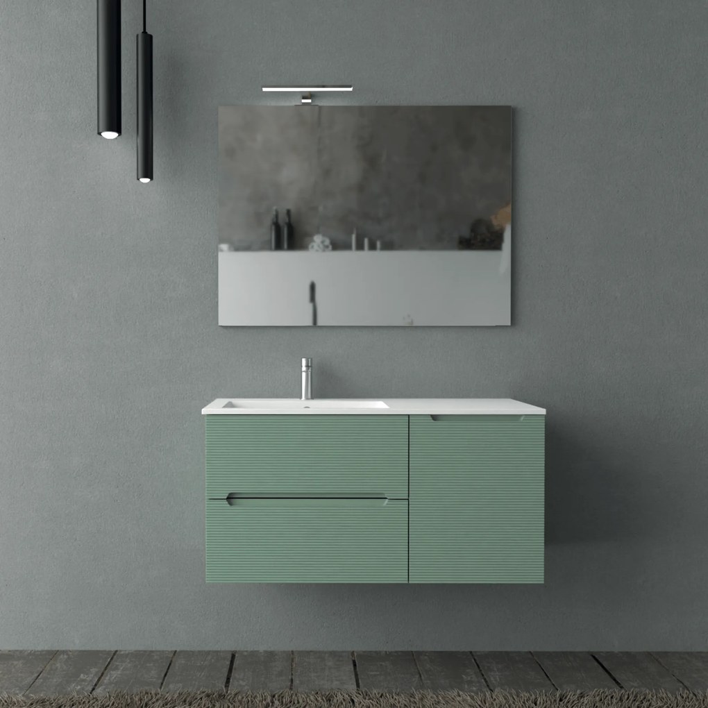 Mobile Bagno Sospeso Cannettato 100 Cm Due Cassetti Un'Anta Lavabo a Sx Specchio Con Lampada Led 70x100 Cm AdattoCasa "Rigo" Verde Salvia/Bianco Lucido