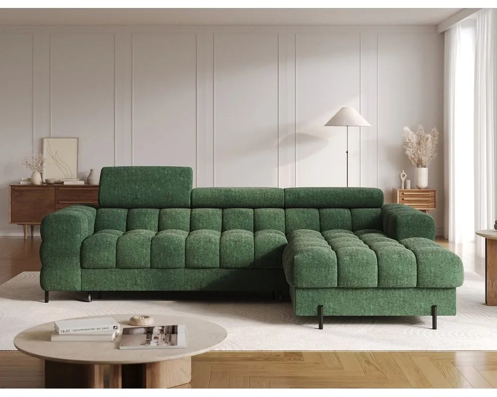 Divano angolare verde allungabile/con contenitore (con penisola a destra/con chaise lounge) con rivestimento in bouclé Felro – ELTAP