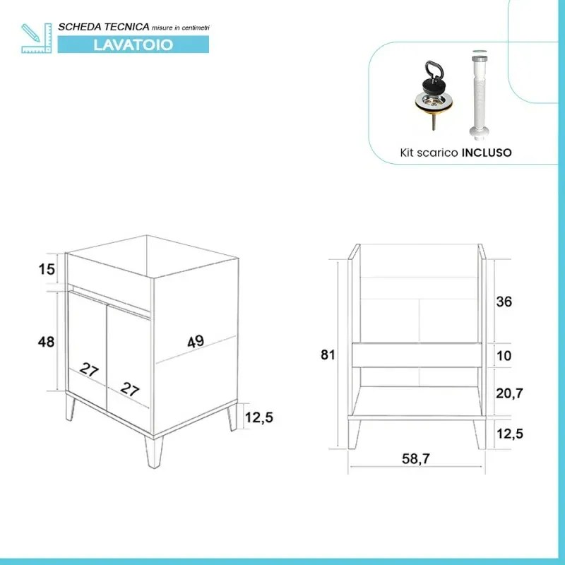 Mobile lavatoio 60x50 bianco lucido Way con vasca in ceramica Dolomite