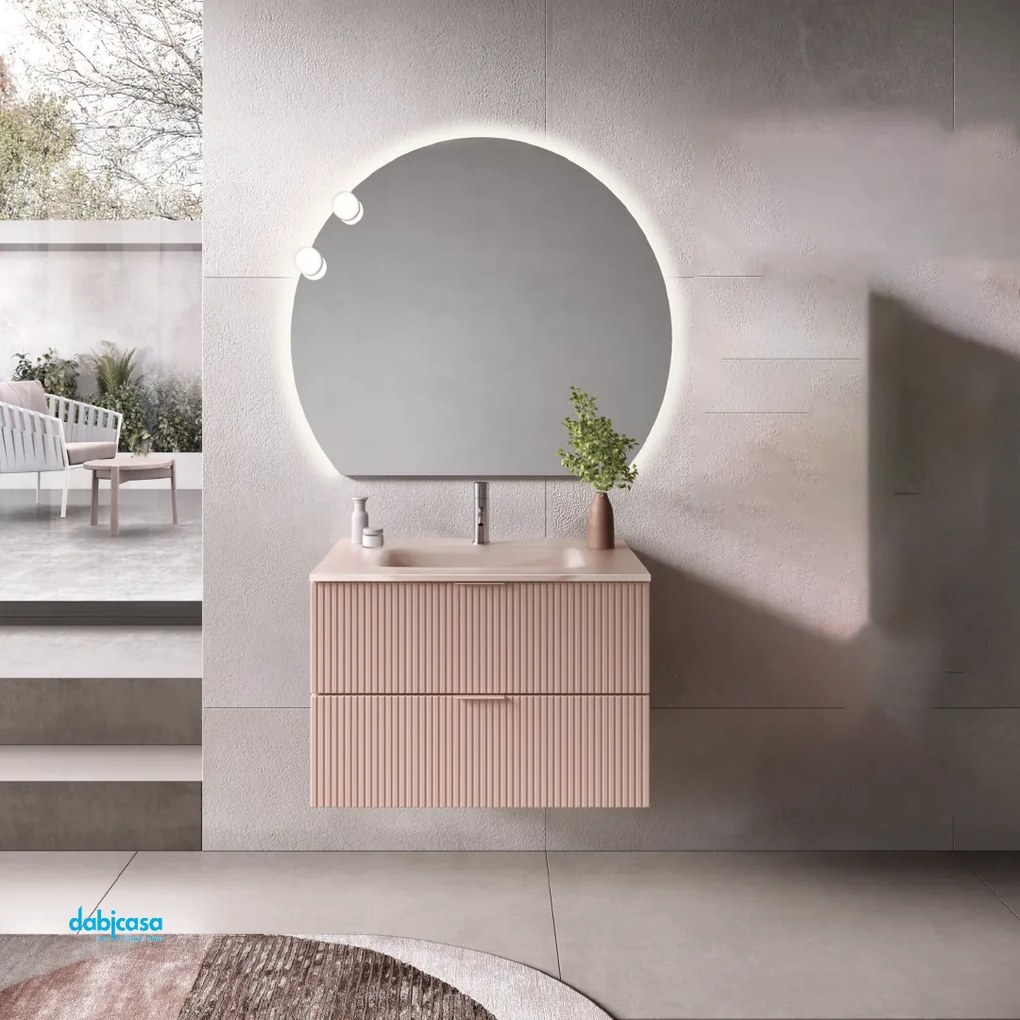 Mobile Bagno Sospeso "Line" Da 100 Cm Con Frontale Cannettato Rosa Opaco