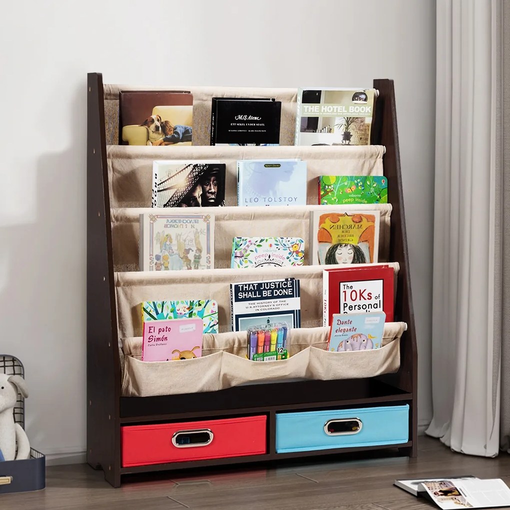 Costway Libreria con 4 mensole frontali e 2 scatole, Libreria design 2 in 1 per bambini Marrone