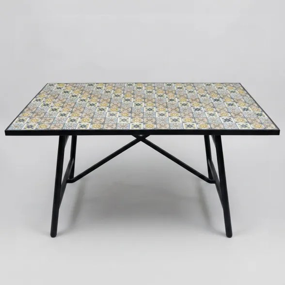 Tavolo Da Esterno 90x160 Cm Con Top In Maioliche E Struttura In Ferro Amalfi
