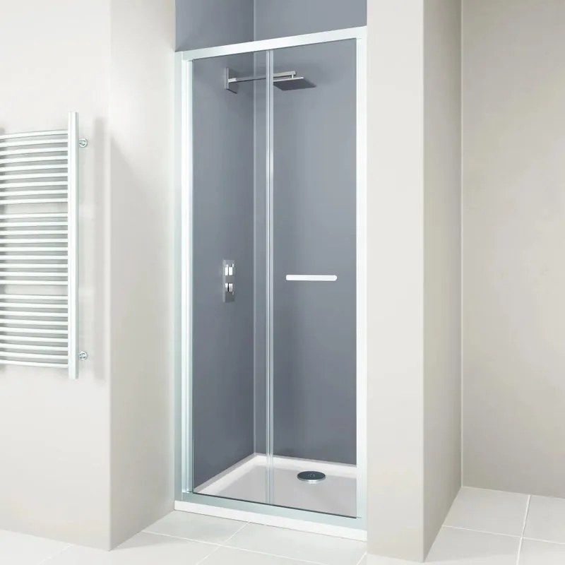 Porta doccia pieghevole L 75-80 cm x H 190 cm per nicchia in vetro trasparente SP. 6 mm, profilo lucido cromo, serie Verve