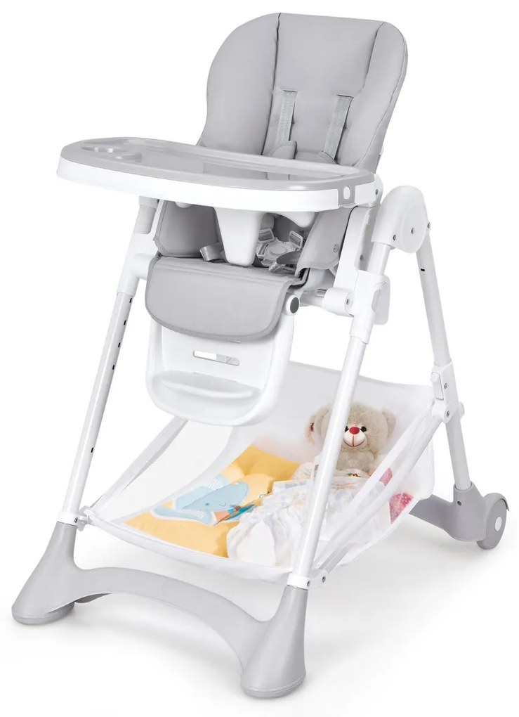 Costway Seggiolone per bambini con 2 ruote e vassoio rimovibile, Seggiolone pieghevole con cuscino smontabile Grigio