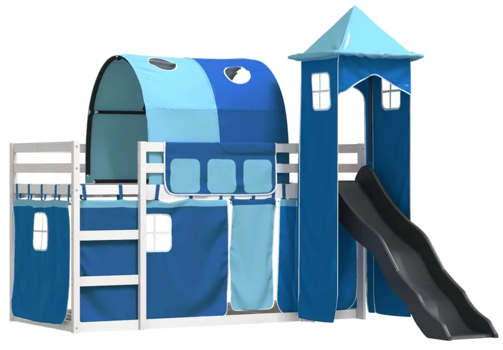 Letto a castello con scivolo e tende blu 90x190 cm