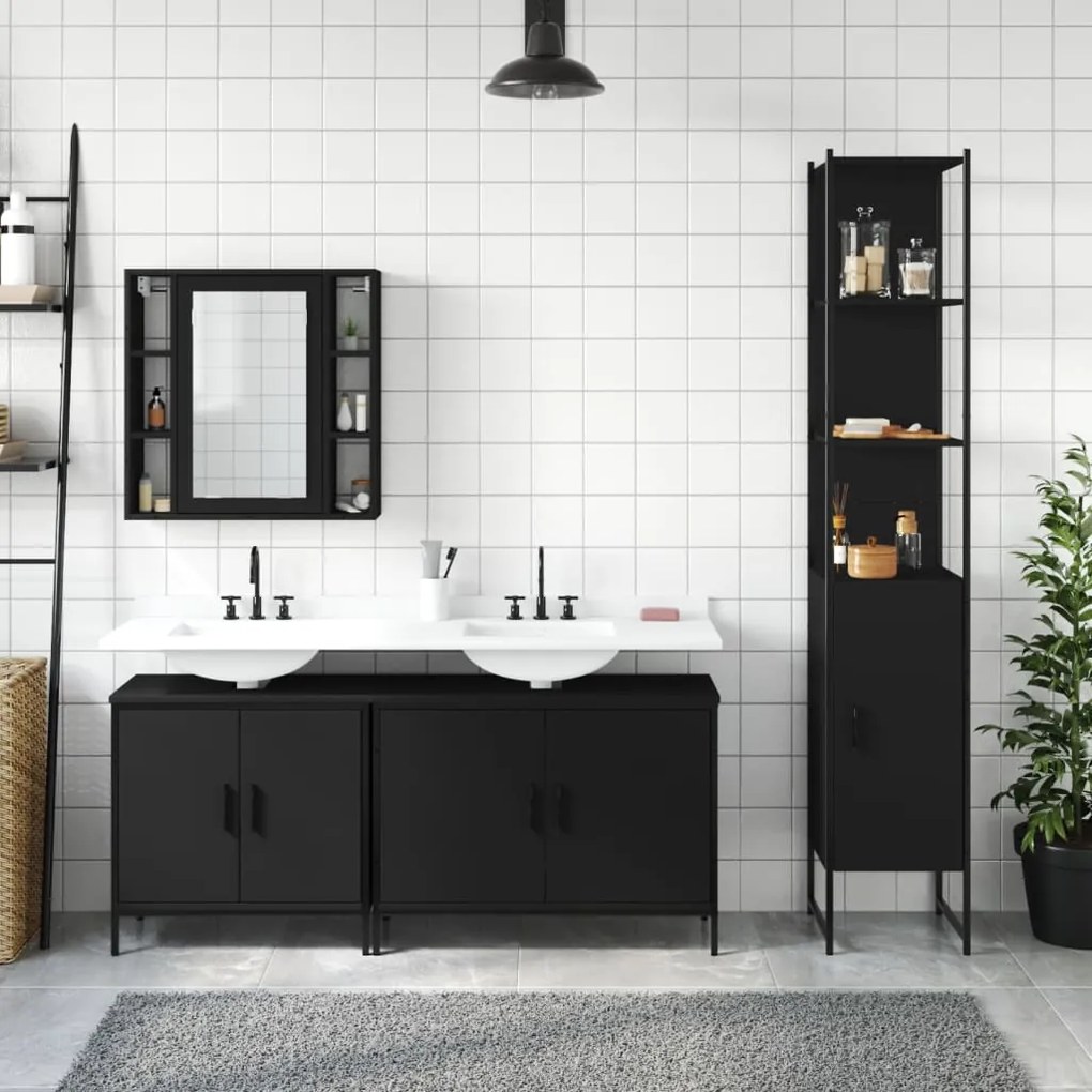 Set mobili da bagno 4 pz nero in legno multistrato