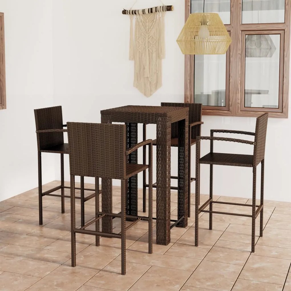 Set bar da giardino 5 pz con braccioli in polyrattan marrone