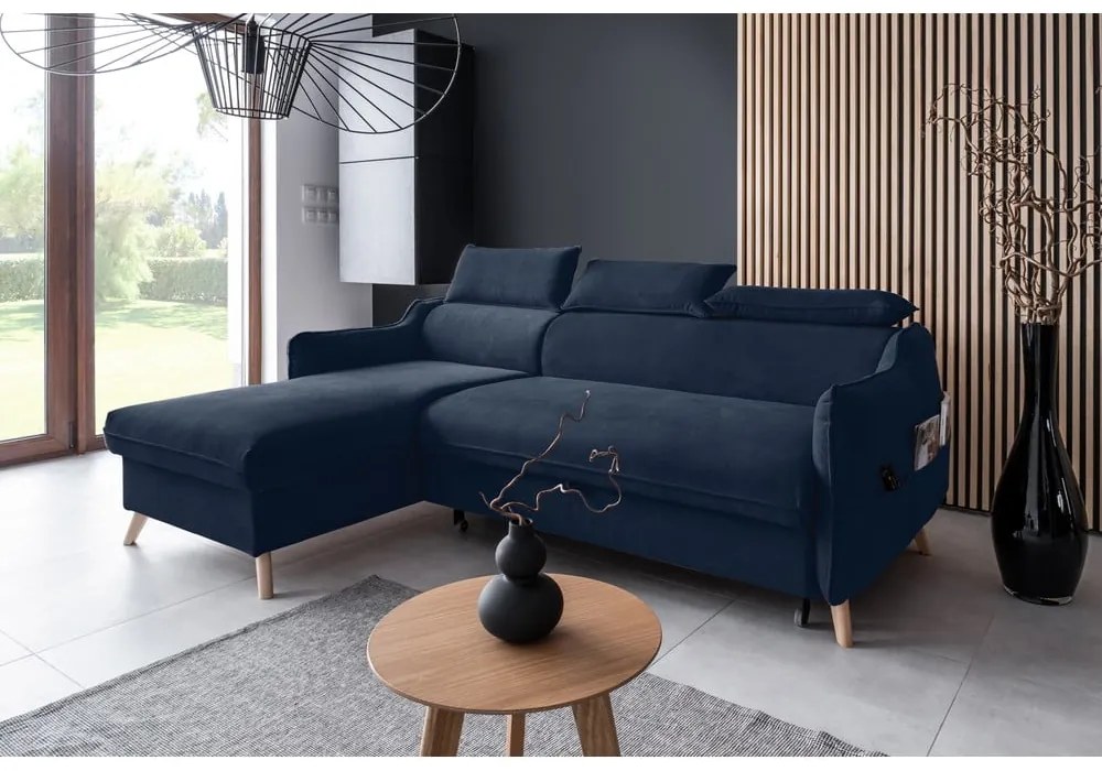 Divano letto angolare in velluto blu scuro (angolo sinistro) Sweet Harmony - Miuform
