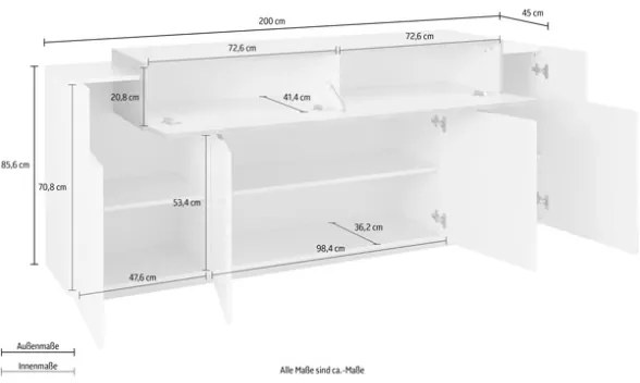 Credenza Moderna A 4 Ante 200x45x85,5 Bianco Lucido/Effetto Cemento Corona