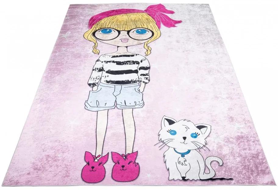 Tappeto per bambini per la camera di una bambina con una signorina e un gatto Larghezza: 140 cm | Lunghezza: 200 cm