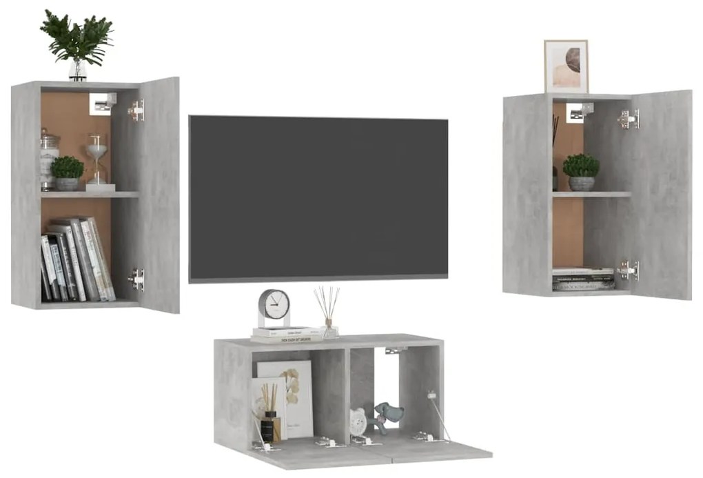 Set di mobili porta tv 3 pz grigio cemento in legno multistrato