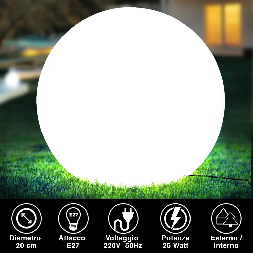 Lampada Sfera da Giardino 20cm Luce Illuminazione Esterno Attacco E27 Bianco...