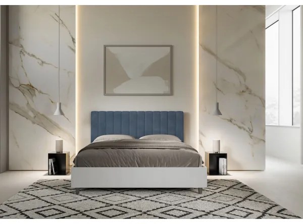 Letto contenitore da 160x200 in legno bianco e testata in microfibra blu Kaia