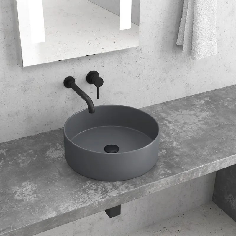 Kamalu - lavabo da appoggio rotondo in ceramica grigio opaco 35cm | litos