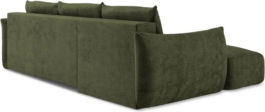 Divano angolare verde allungabile (con penisola a sinistra/con chaise lounge) con rivestimento in ciniglia Leila – Makamii