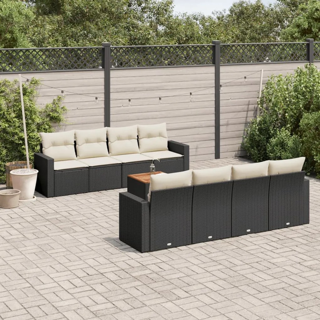 Set divani da giardino 9 pz con cuscini nero in polyrattan