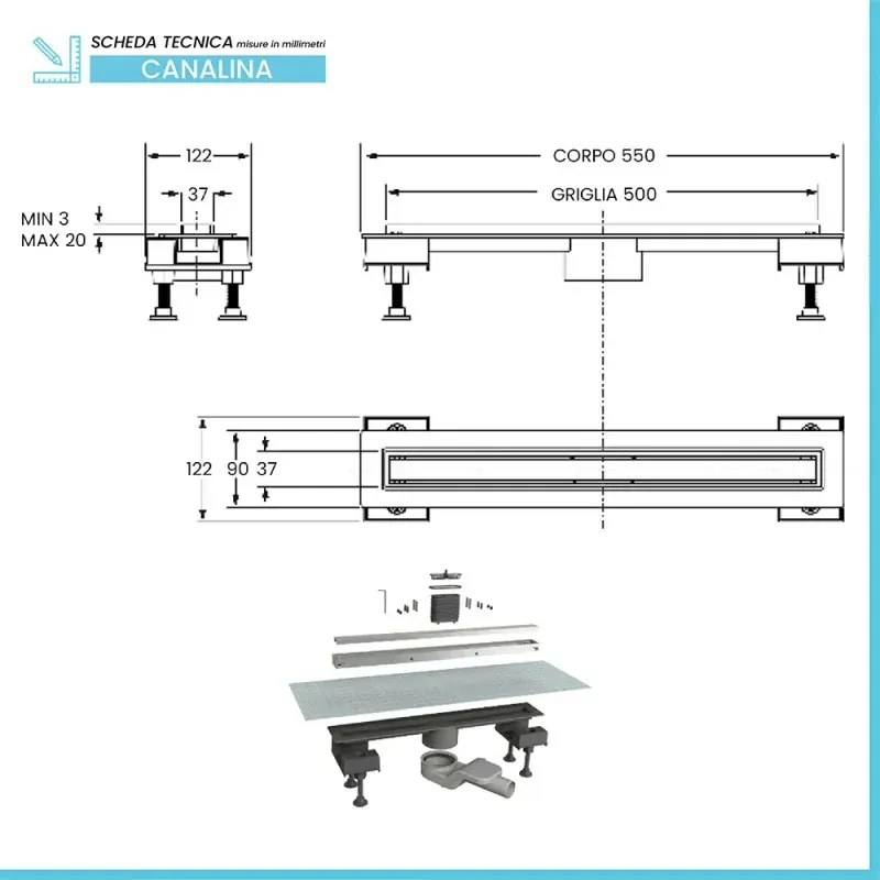 Canalina doccia 50 cm in alluminio reversibile scarico centrale, sifone e piletta inclusi