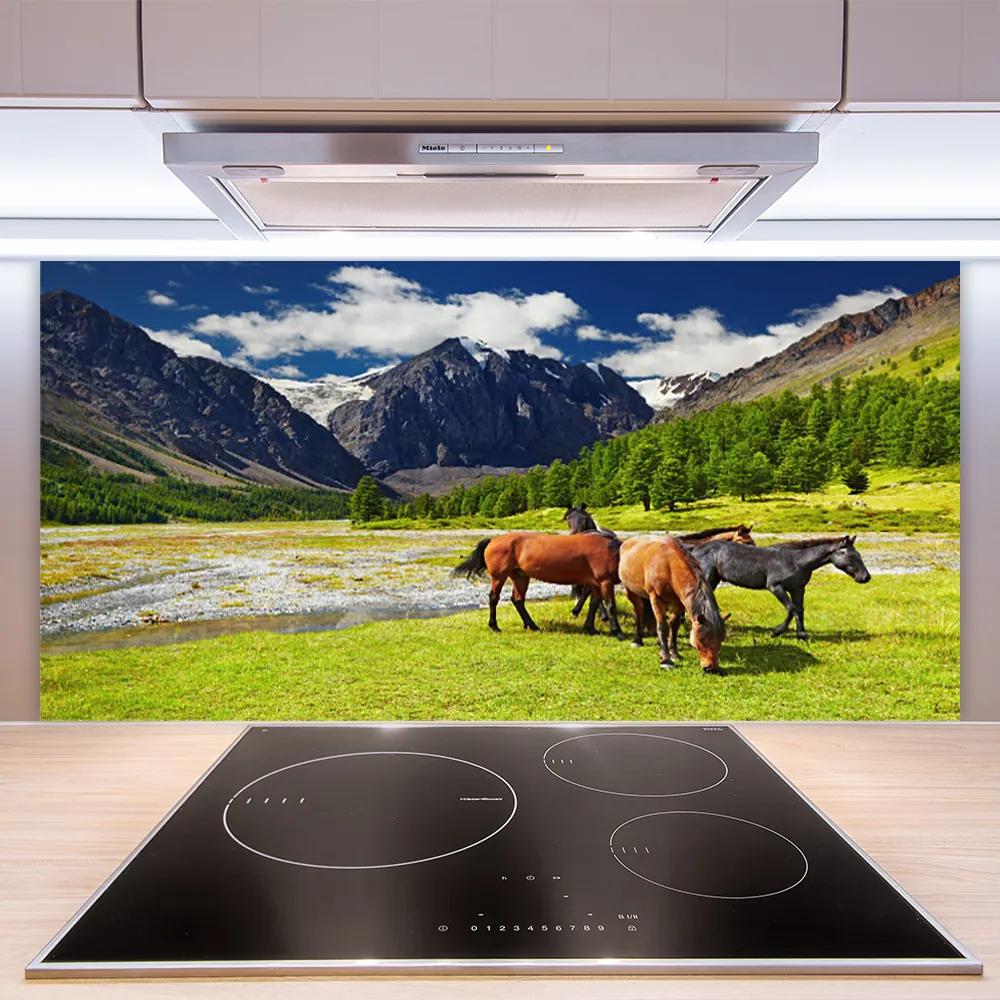 Pannello cucina paraschizzi Montagne, alberi, cavalli, animali 100x50 cm